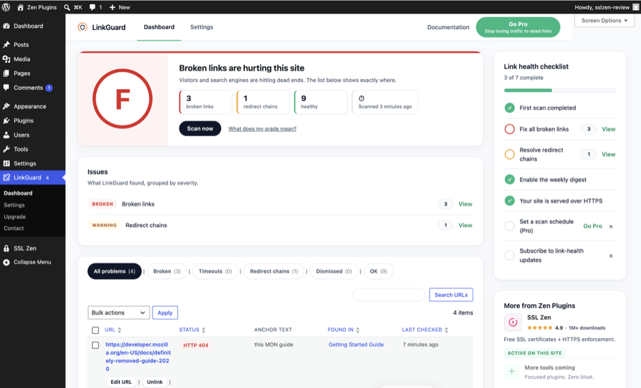 The F-grade dashboard: see your Link Health grade and every problem in one table